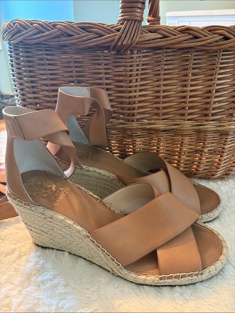 Vince Camuto Cognac Leather Crisscross Espadrille Lace Up Wedge Sandals (9.5)
